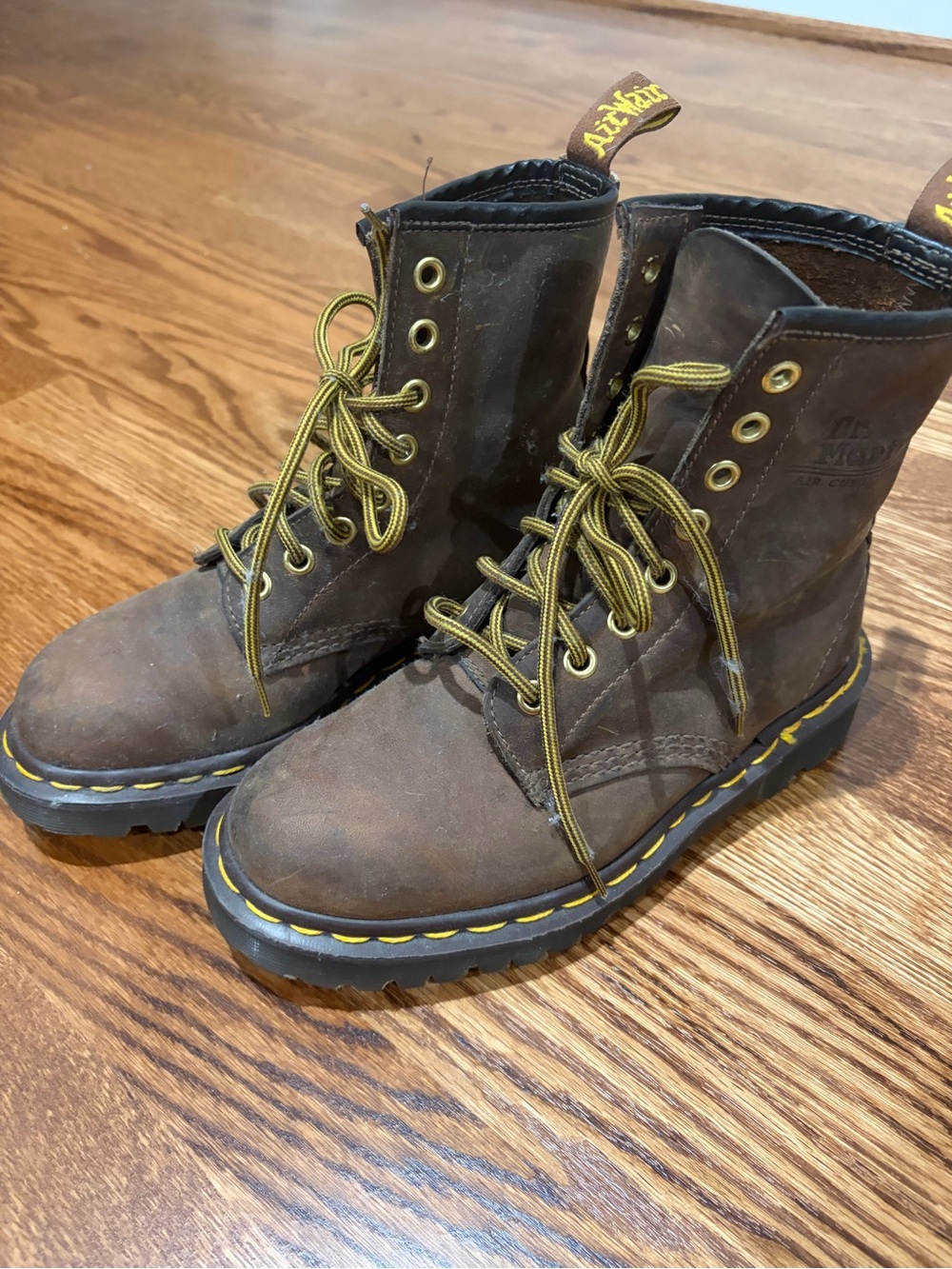 Dr. Martens Kids Brown Leather Lace-Up Combat Boots with Yellow Stitching